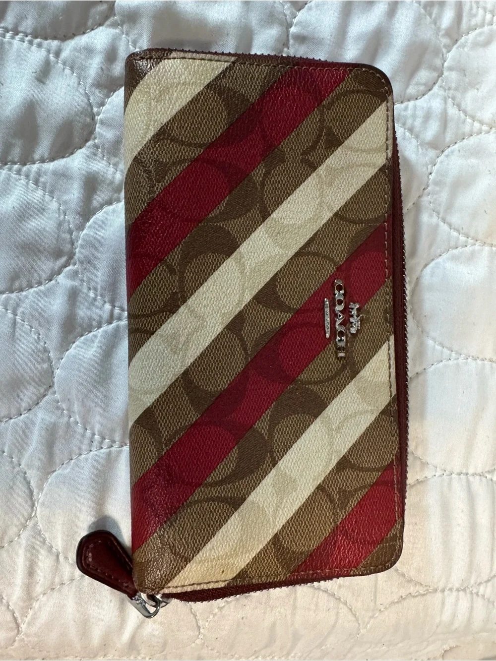 Coach Diagonal Stripe Zip Wallet in Brown, Cream & Red